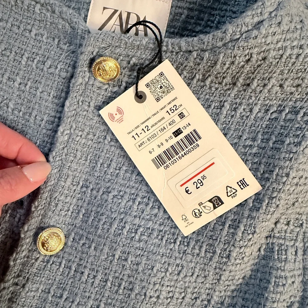 Zara Soft Blue Tweed Jacket with Gold Buttons - Picture 1 of 3